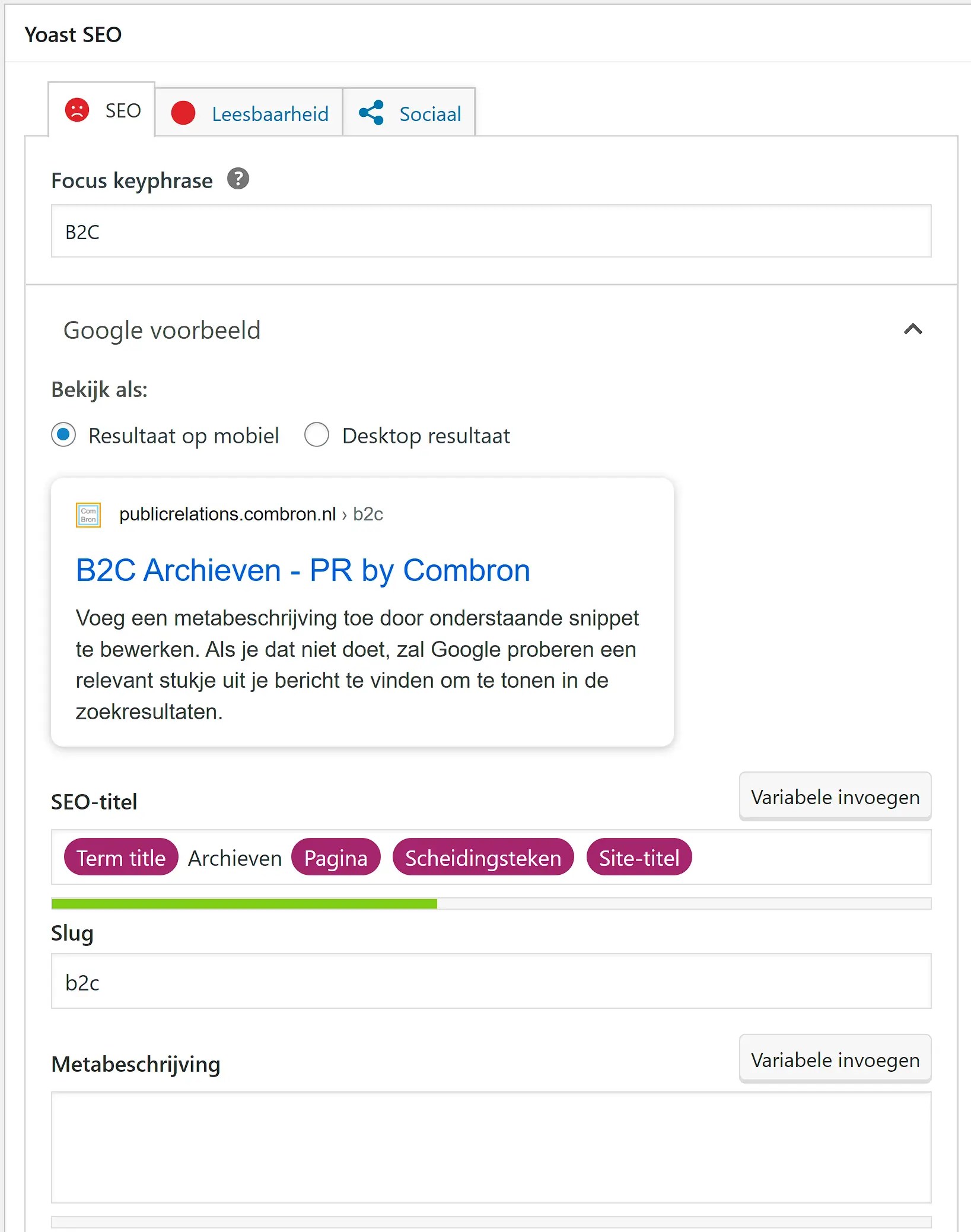 Schermafbeelding van "de achterkant van WordPress" waar de B2C (business to customer) archieven worden aangepast.