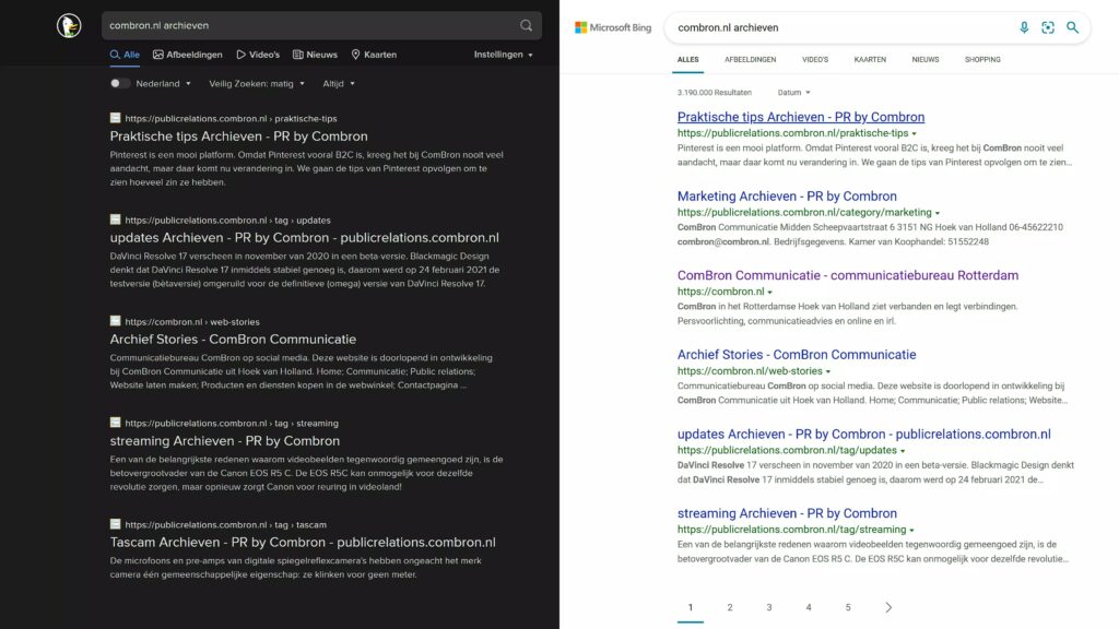 Schermafbeelding van de zoekresultatien bij Bing en DuckDuckGo na een zoekopdracht: combron.nl + archieven.
