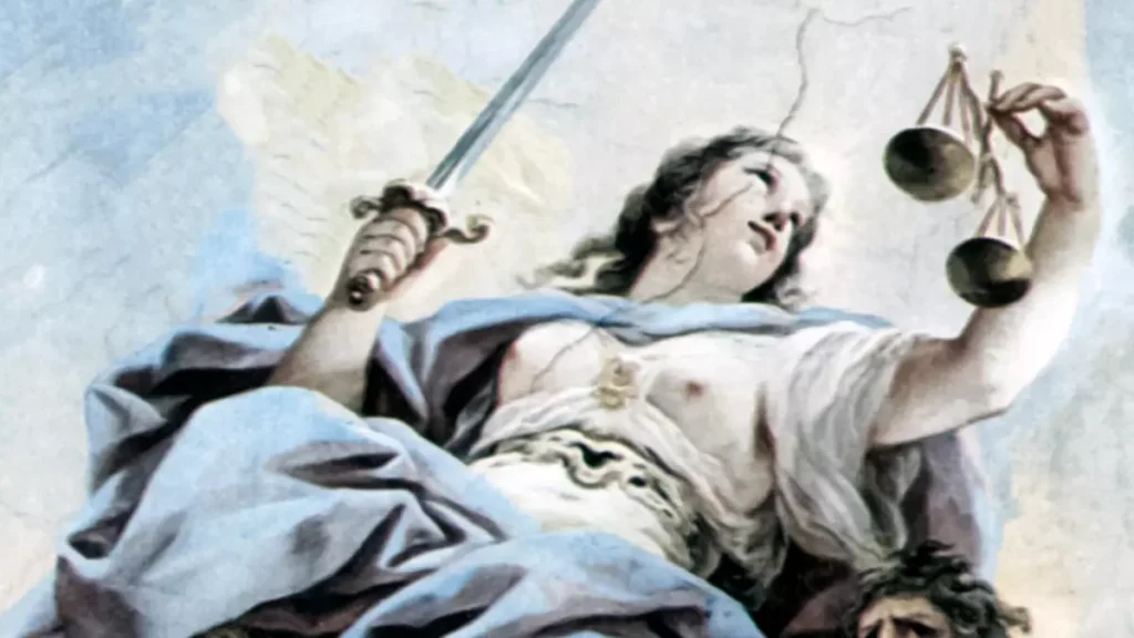 Uitsnede van het schilderij "Rechtvaardigheid" van de schilder Luca Giordano. Op de afbeelding is vrouwe Justitia te zien.