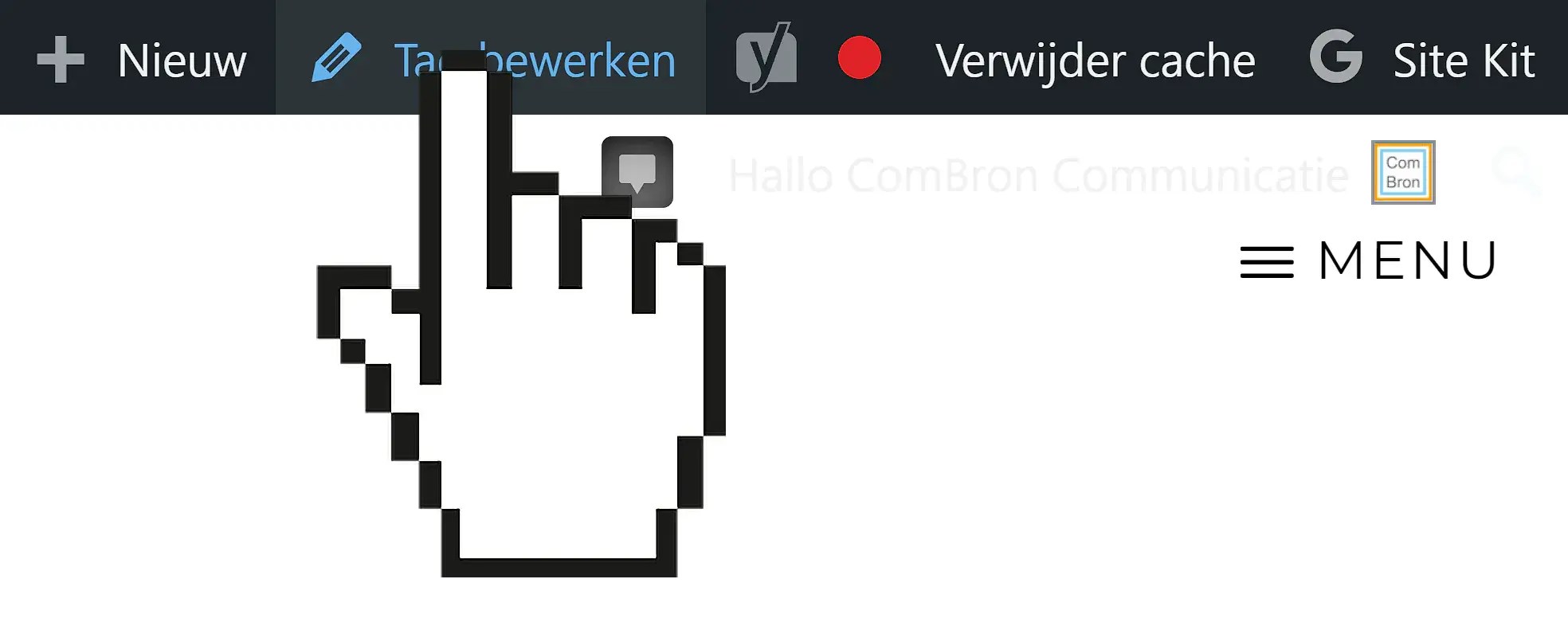 Schermafbeelding waarop een overdreven grote muis (vinger Windows) te zien is, die in de balk van WordPress op Tag bewerken klikt.