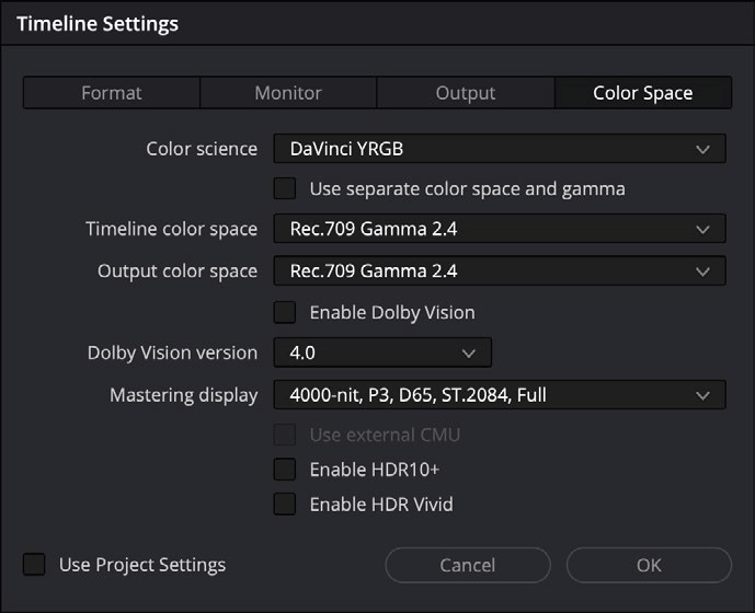 Schermafbeelding van het venster Timeline Settings waarbij het tabblad Color Space geopend is.